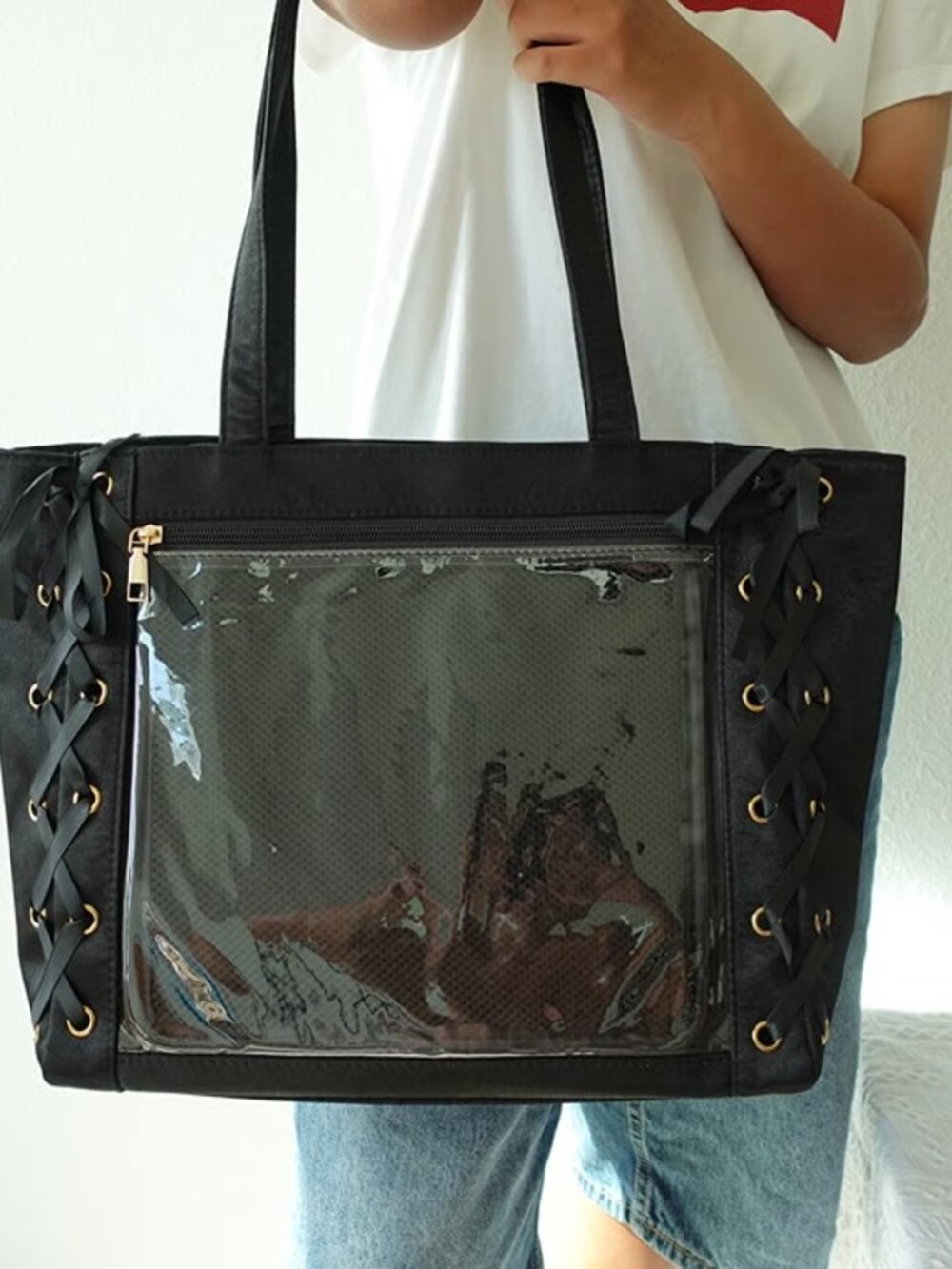 BLACK Y2K Kawaii Satin Ita Bag Tote Anime Clear Window Shoulder Bag Itabag